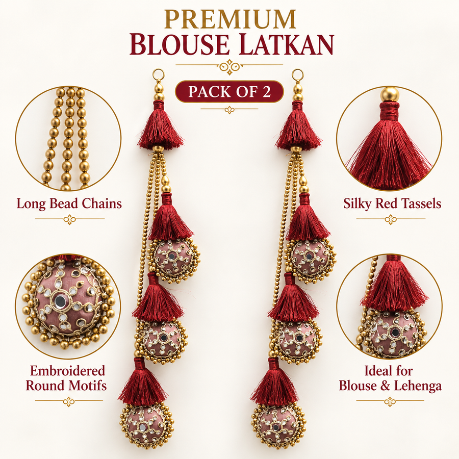 Premium Red Designer Blouse Latkan with Golden Bead Chains & Embroidered Round Motifs – Pack of 2