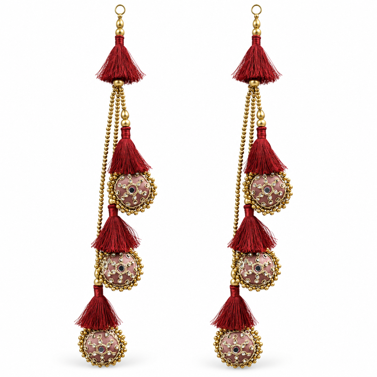 Premium Red Designer Blouse Latkan with Golden Bead Chains & Embroidered Round Motifs – Pack of 2