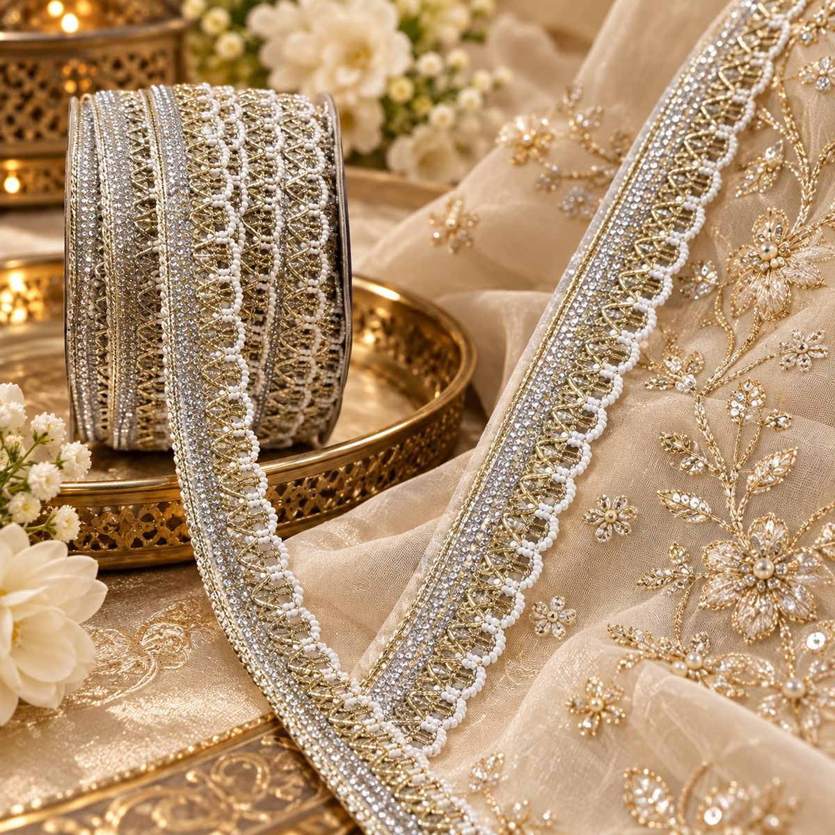 Premium Silver & White Designer Lace Border with Pearl Style Detailing for Saree, Blouse, Dupatta, Lehenga & Bridal Wear | Pack of 3 Rolls – 18 Meter