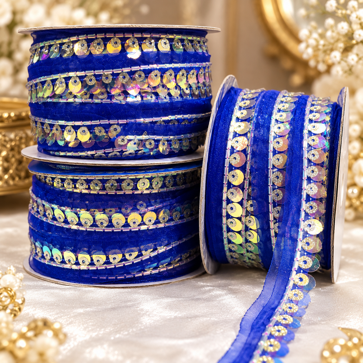 Royal Blue Sequin & Bead Work Decorative Lace Border for Saree, Blouse & Dupatta – Pack of 3 Rolls, 9 Meters Each