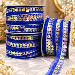Royal Blue Sequin & Bead Work Decorative Lace Border for Saree, Blouse & Dupatta – Pack of 3 Rolls, 9 Meters Each