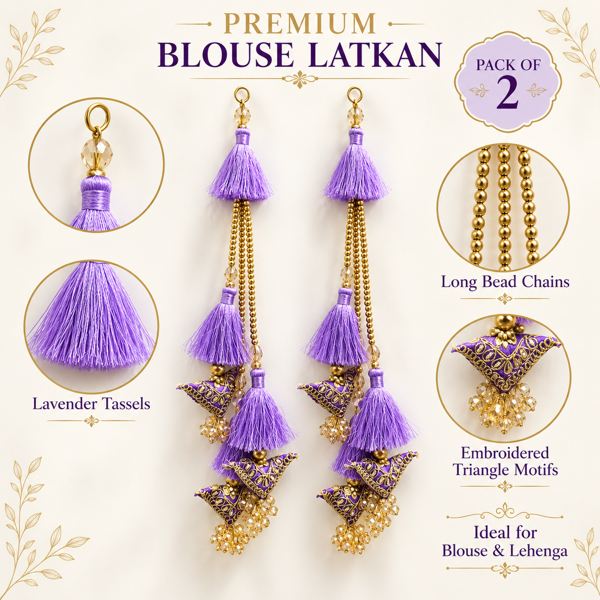 Premium Lavender Designer Blouse Latkan with Golden Bead Chains & Embroidered Triangle Motifs – Pack of 2