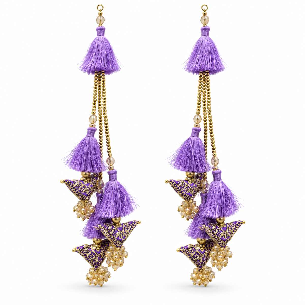 Premium Lavender Designer Blouse Latkan with Golden Bead Chains & Embroidered Triangle Motifs – Pack of 2