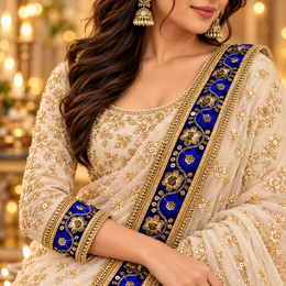 Premium Royal Blue & Gold Floral Embroidery Lace Border with Sequin Work for Saree, Lehenga, Blouse, Dupatta & Bridal Dress – 9 Meter