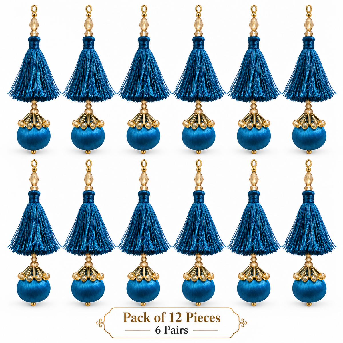 Premium Peacock Blue Designer Blouse Latkan with Silky Tassels, Golden Crystal Beads & Round Potli – Pack of 12 Pieces (6 Pairs)
