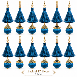 Premium Peacock Blue Designer Blouse Latkan with Silky Tassels, Golden Crystal Beads & Round Potli – Pack of 12 Pieces (6 Pairs)
