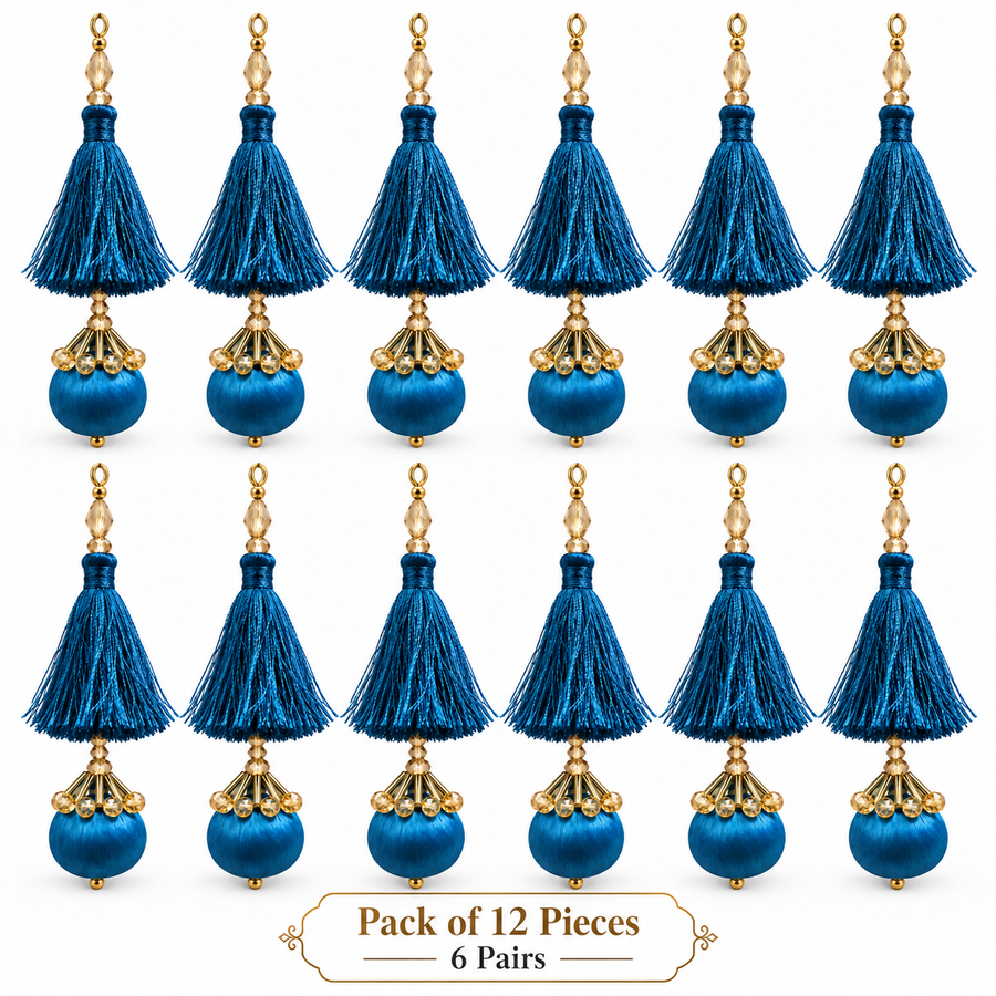 Premium Peacock Blue Designer Blouse Latkan with Silky Tassels, Golden Crystal Beads & Round Potli – Pack of 12 Pieces (6 Pairs)