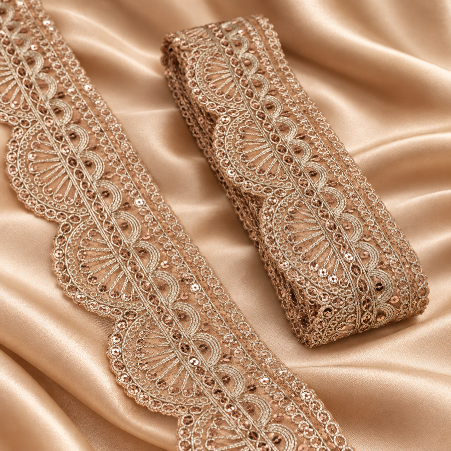Premium Rose Gold Sequin Embroidered Scallop Lace Border for Saree, Blouse, Dupatta, Lehenga & Kurti – Designer Lace Trim