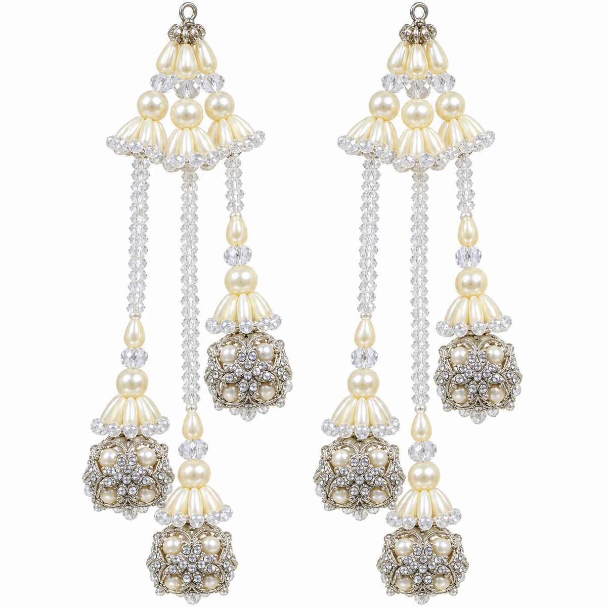 Ivory White Pearl & Silver Crystal Designer Latkan for Bridal Blouse & Lehenga Dori | 3 Layer Hanging Jhumka Tassels with Pearl & Kundan Style Beads – 1 Pair (2 Pieces)