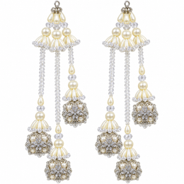 Ivory White Pearl & Silver Crystal Designer Latkan for Bridal Blouse & Lehenga Dori | 3 Layer Hanging Jhumka Tassels with Pearl & Kundan Style Beads – 1 Pair (2 Pieces)