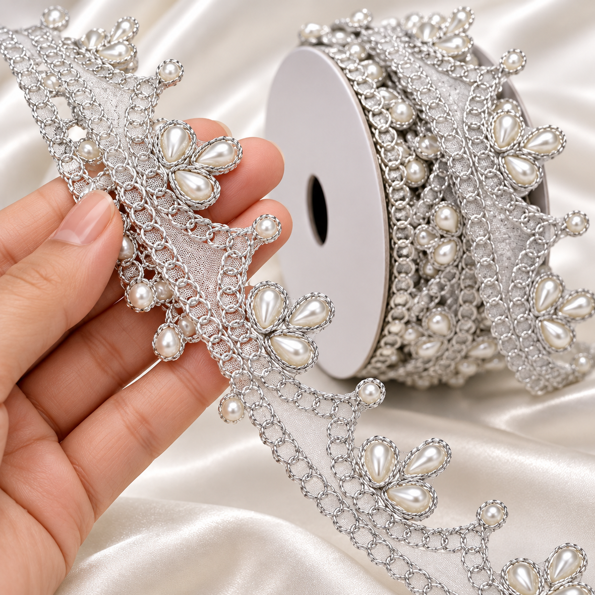 Silver Pearl Work Scalloped Net Lace Border for Saree, Blouse, Dupatta & Lehenga – 9 Meter Roll