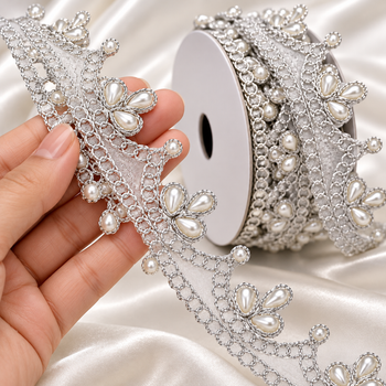 Silver Pearl Work Scalloped Net Lace Border for Saree, Blouse, Dupatta & Lehenga – 9 Meter Roll