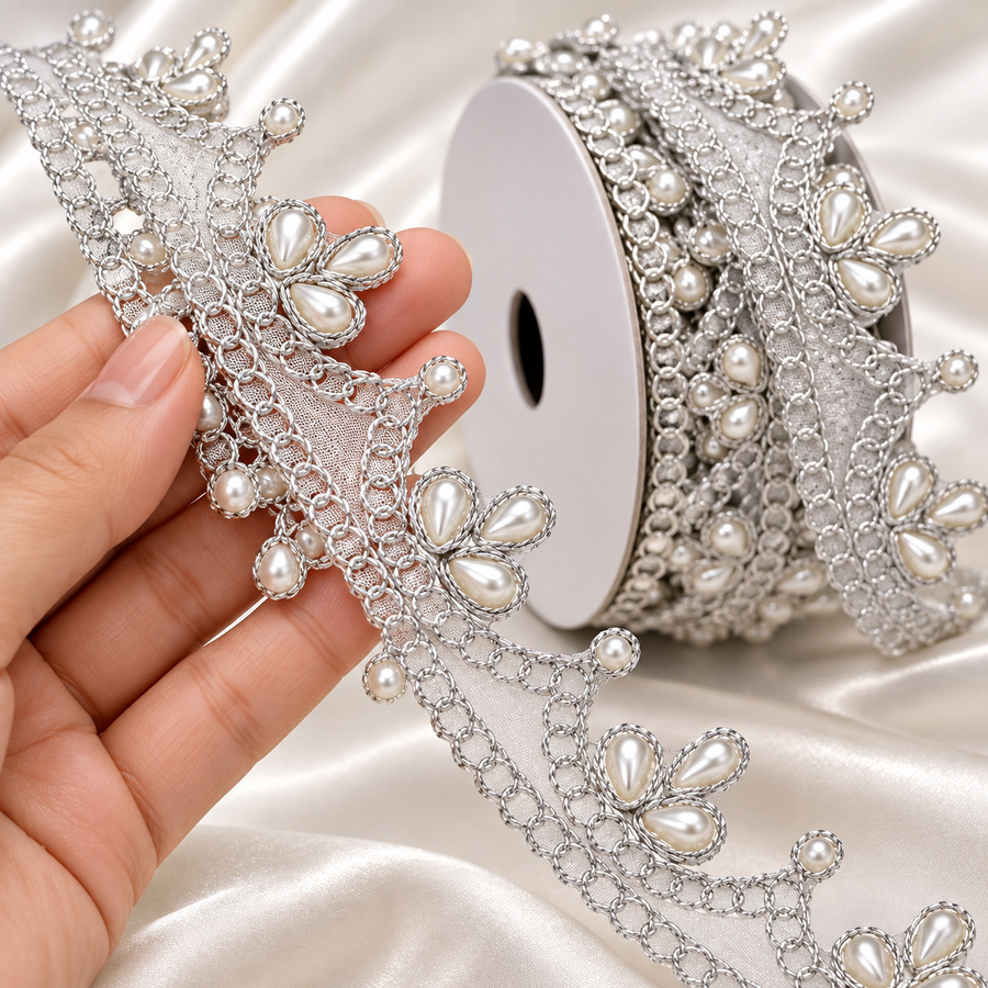Silver Pearl Work Scalloped Net Lace Border for Saree, Blouse, Dupatta & Lehenga – 9 Meter Roll
