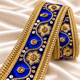 Premium Royal Blue & Gold Floral Embroidery Lace Border with Sequin Work for Saree, Lehenga, Blouse, Dupatta & Bridal Dress – 9 Meter
