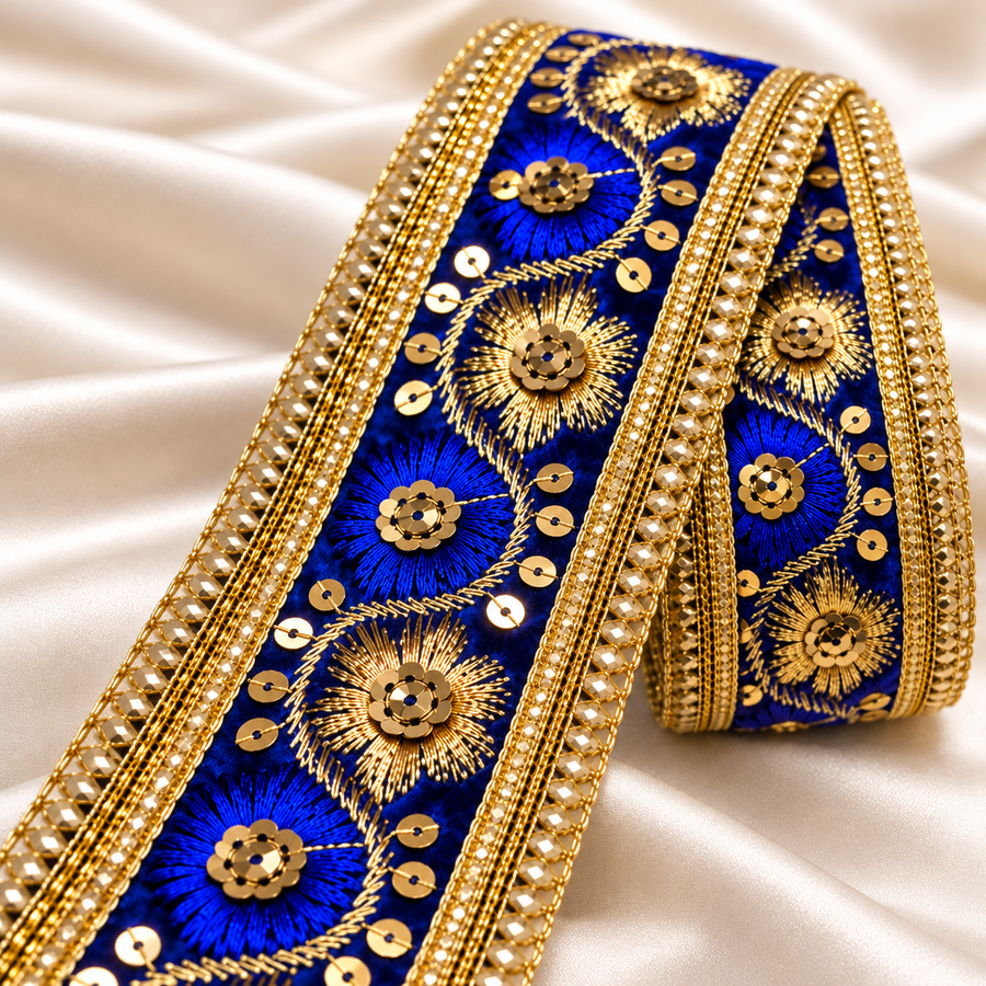 Premium Royal Blue & Gold Floral Embroidery Lace Border with Sequin Work for Saree, Lehenga, Blouse, Dupatta & Bridal Dress – 9 Meter
