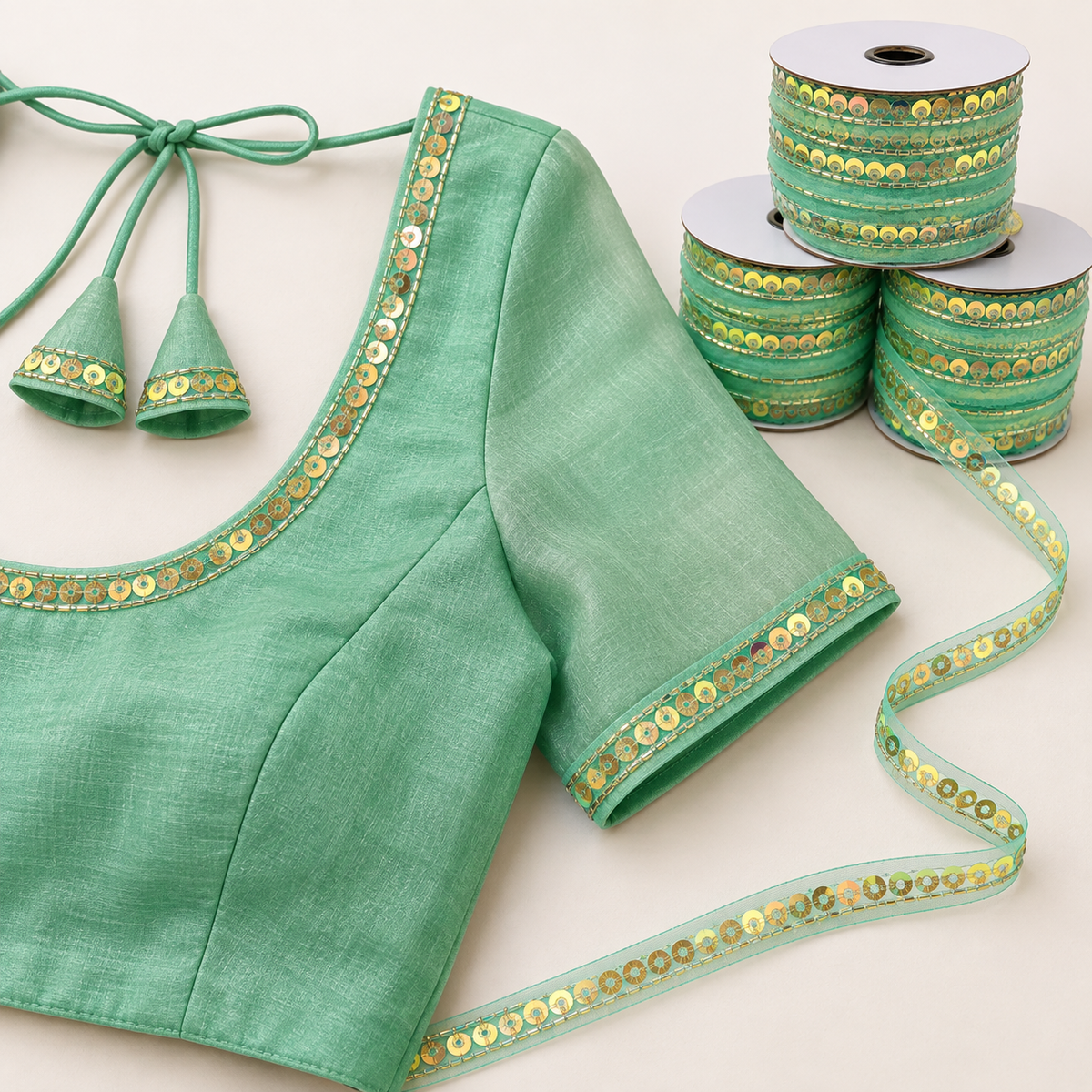 Mint Green Golden Sequin Saree Border Lace for Blouse, Dupatta and Dress