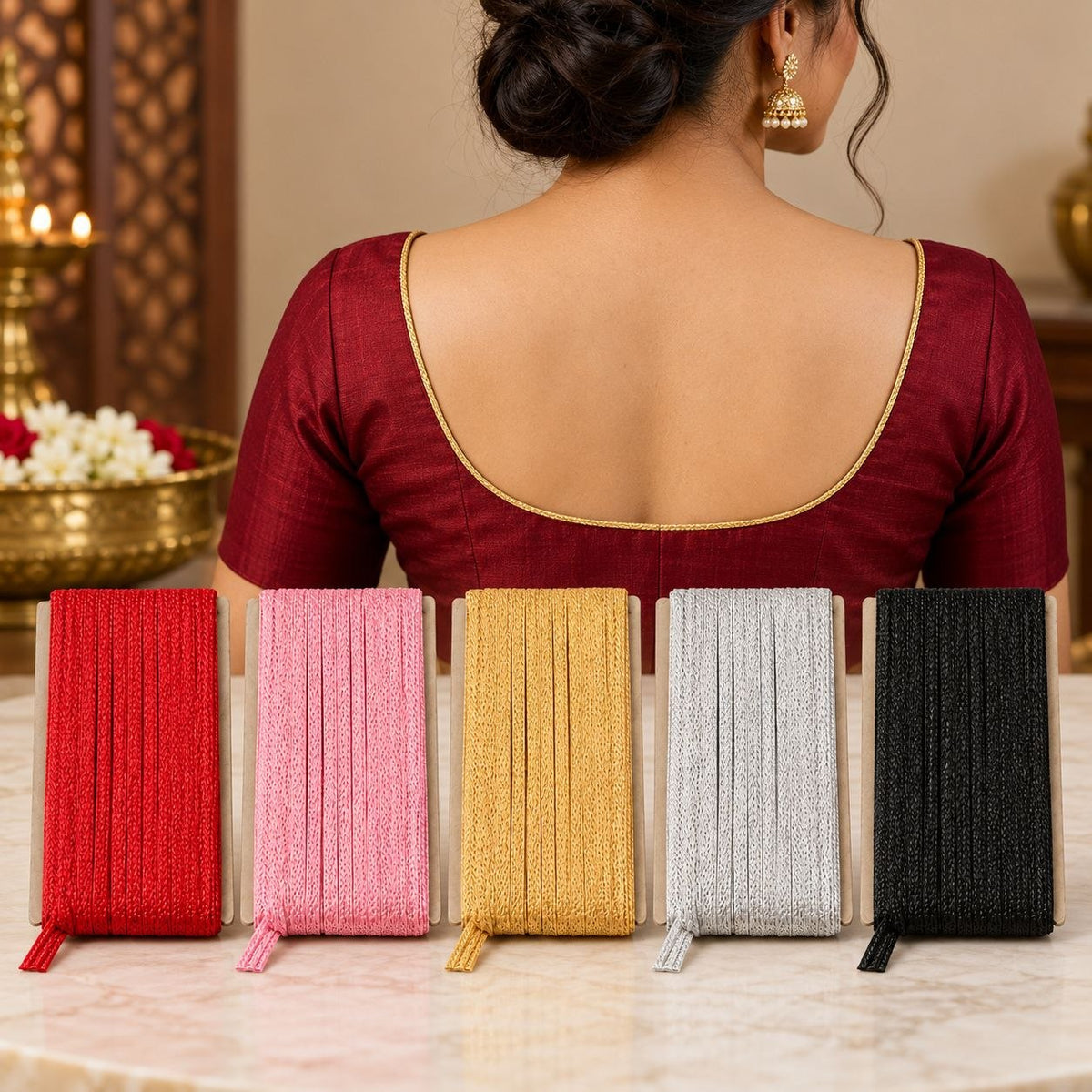 Blouse Piping Dori Pack of 5 Colours for Blouse, Saree & Dress Stitching