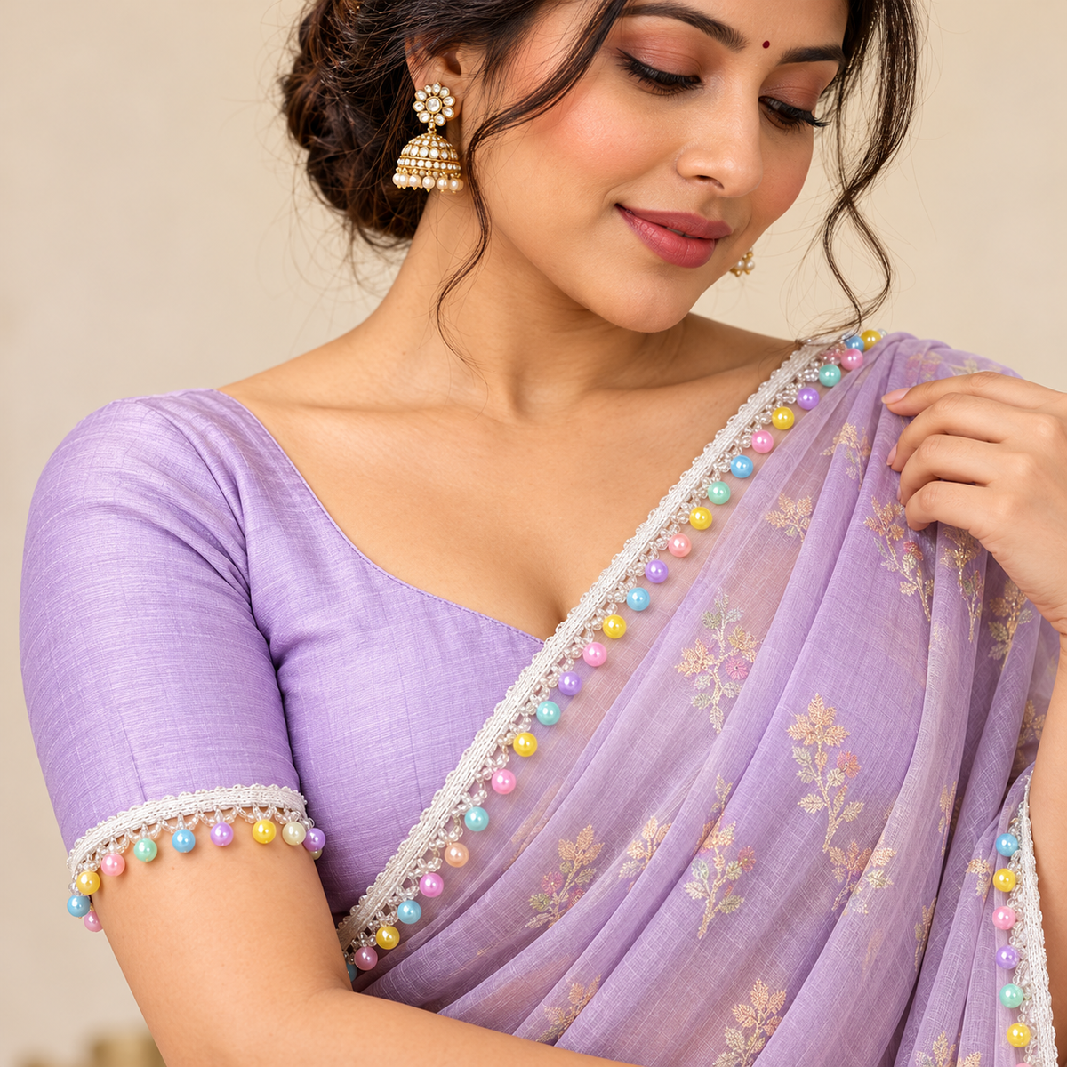 White Multicolour Round Moti Hanging Lace Border for Saree, Blouse & Dupatta – 9 Meter