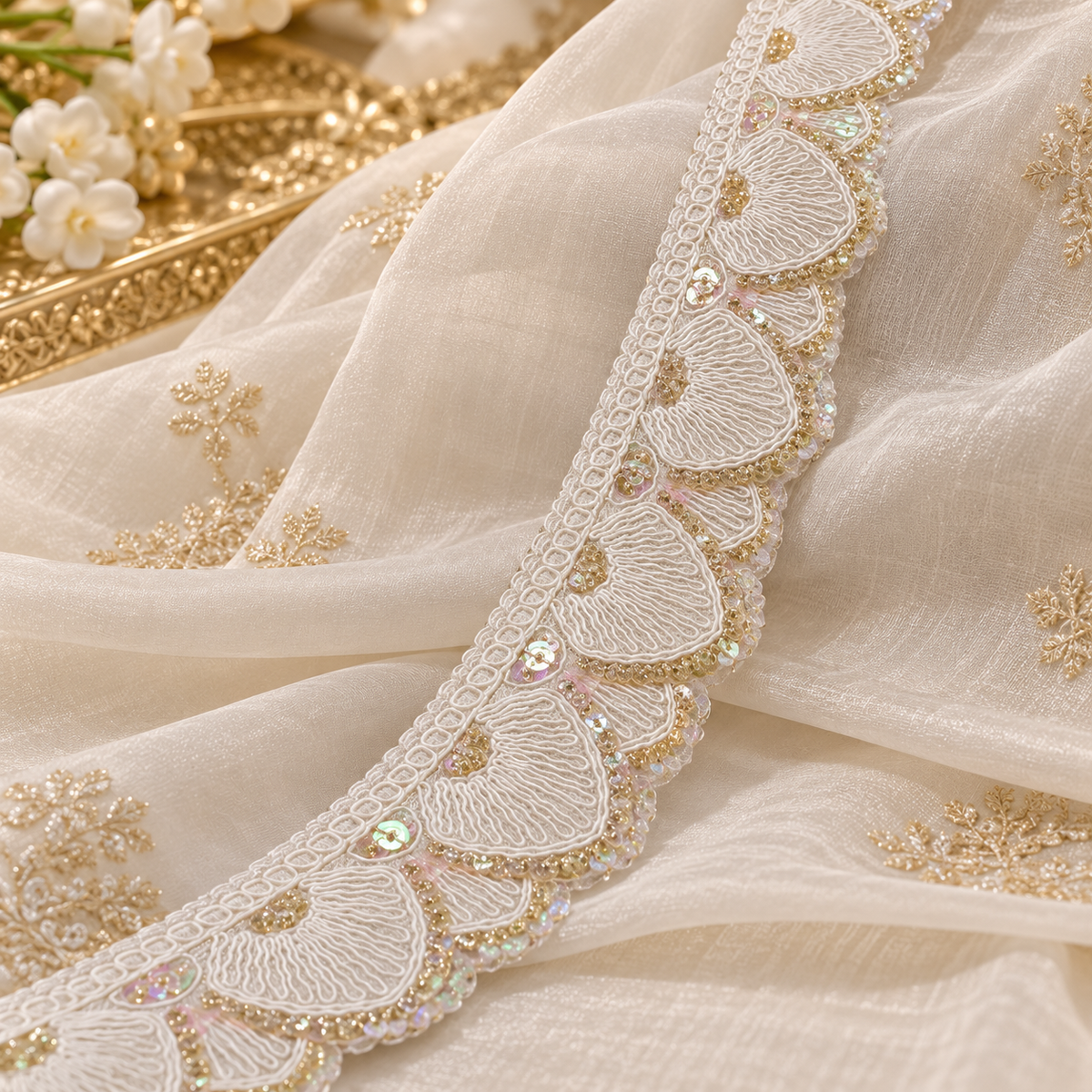 Premium White Scalloped Embroidered Sequin Lace Border for Saree, Blouse, Dupatta, Lehenga & Kurti – Designer Fancy Lace