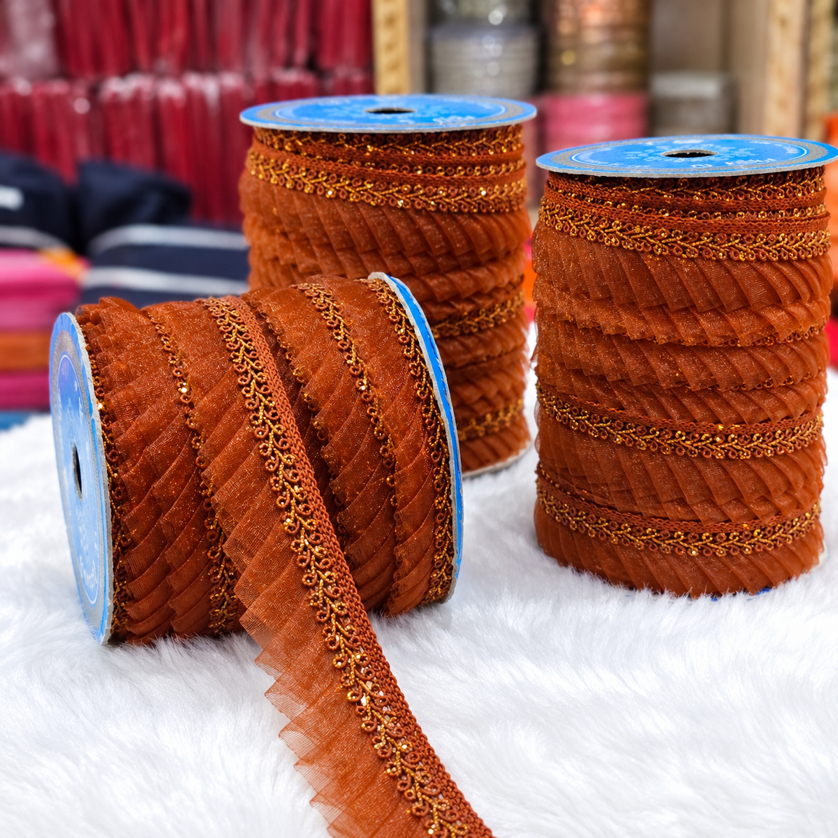 Rust Brown Pleated Frill Lace Border with Golden Detailing for Saree, Blouse & Dupatta – Pack of 3 Rolls