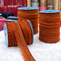 Rust Brown Pleated Frill Lace Border with Golden Detailing for Saree, Blouse & Dupatta – Pack of 3 Rolls