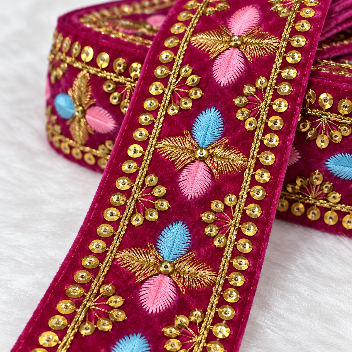 Premium Rani Pink Velvet Floral Embroidered Lace Border with Golden Zari & Sequin Work for Saree, Blouse, Dupatta, Lehenga & Kurti – 9 Meter