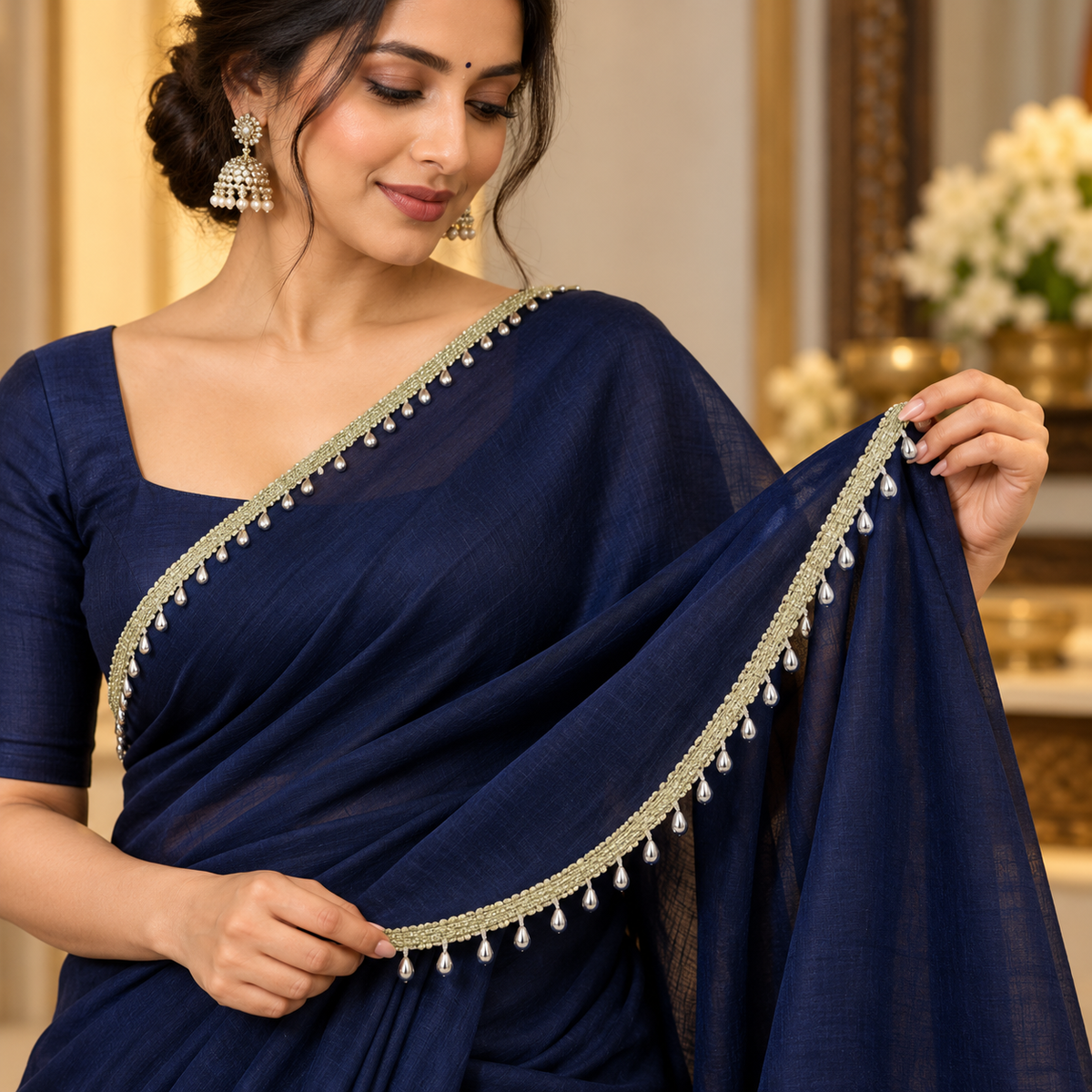Premium Light Metallic Silver Teardrop Hanging Lace Border – 9 Meter | Designer Silver Drop Latkan Lace for Saree, Blouse, Dupatta & Lehenga