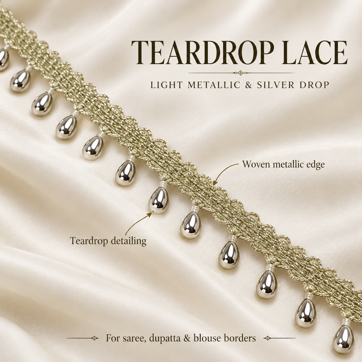 Premium Light Metallic Silver Teardrop Hanging Lace Border – 9 Meter | Designer Silver Drop Latkan Lace for Saree, Blouse, Dupatta & Lehenga