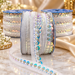 White Sequin & Bead Work Decorative Lace Border for Saree, Blouse & Dupatta – Pack of 3 Rolls, 9 Meters Each