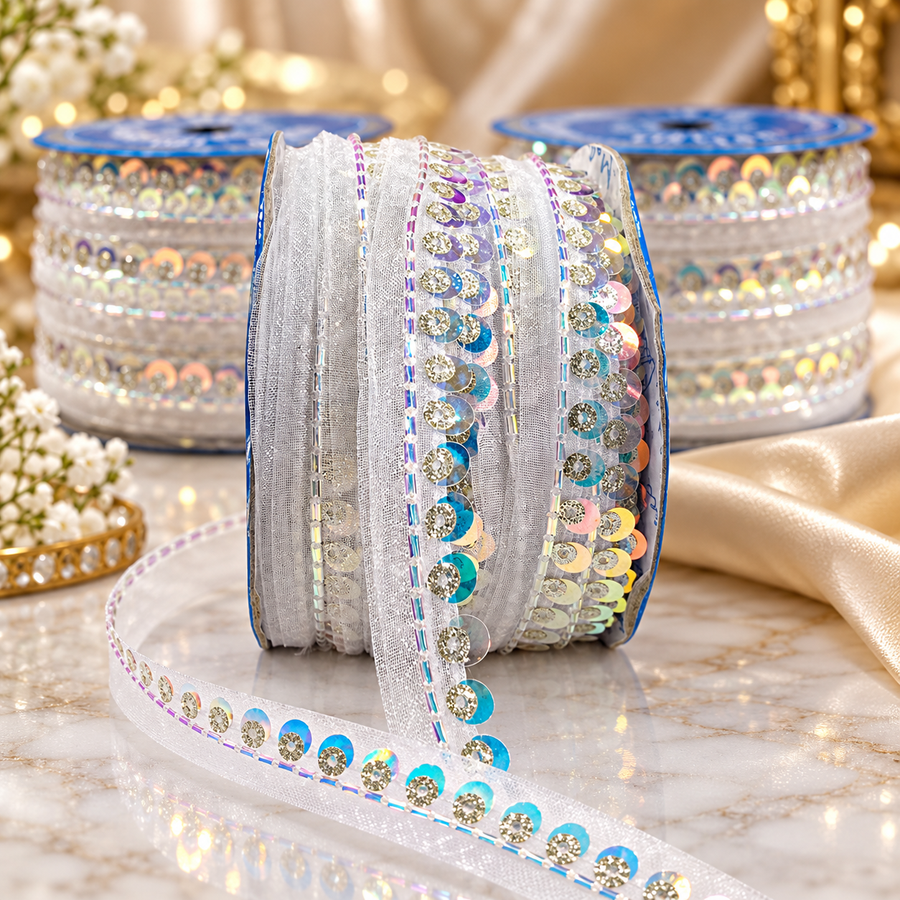 White Sequin & Bead Work Decorative Lace Border for Saree, Blouse & Dupatta – Pack of 3 Rolls, 9 Meters Each