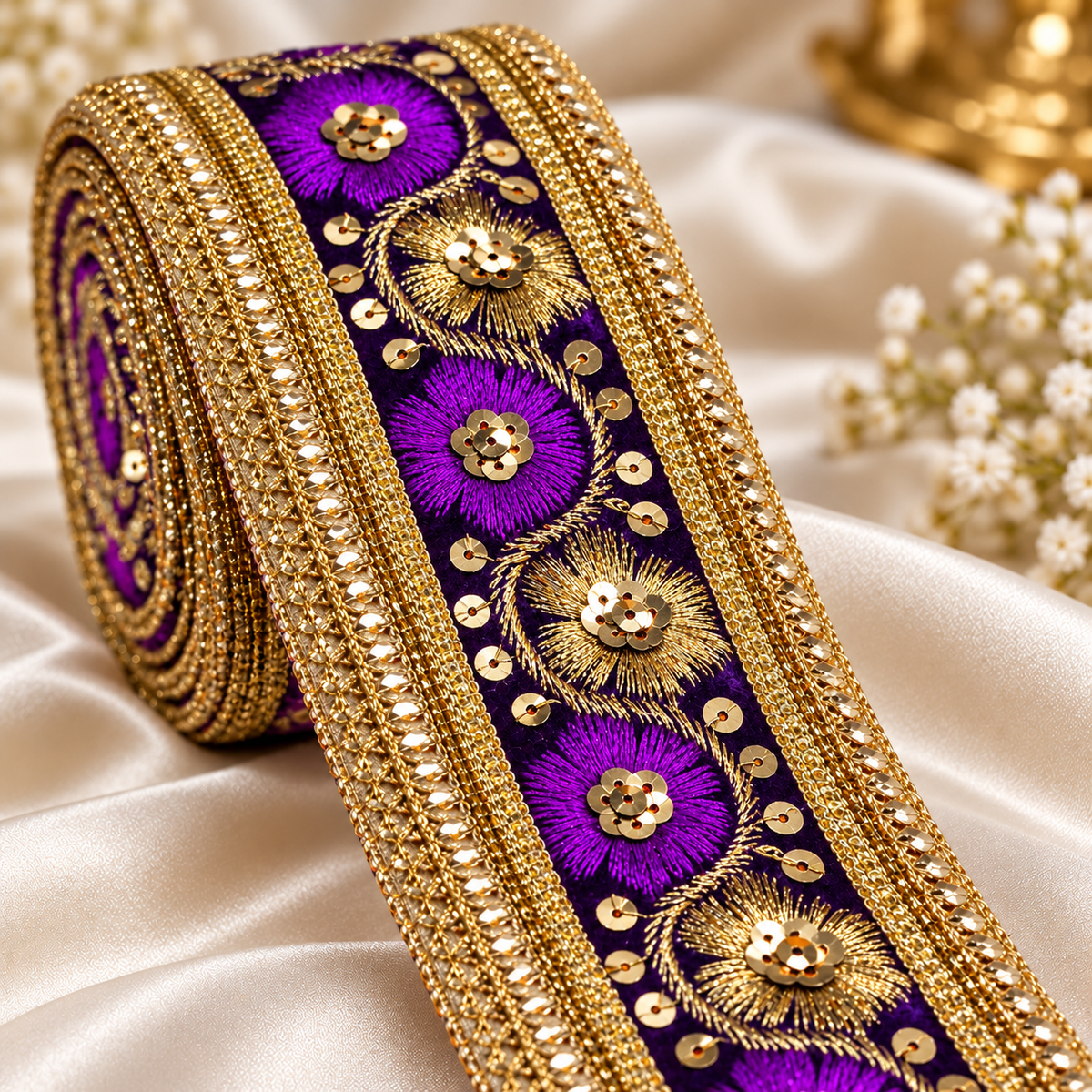 Premium Purple & Gold Floral Embroidery Lace Border with Golden Sequin Work for Saree, Lehenga, Blouse, Dupatta & Bridal Wear – 9 Meter
