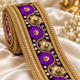 Premium Purple & Gold Floral Embroidery Lace Border with Golden Sequin Work for Saree, Lehenga, Blouse, Dupatta & Bridal Wear – 9 Meter