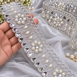 Premium Silver Pearl & Stone Work Floral Net Lace Border for Saree, Blouse, Dupatta & Lehenga