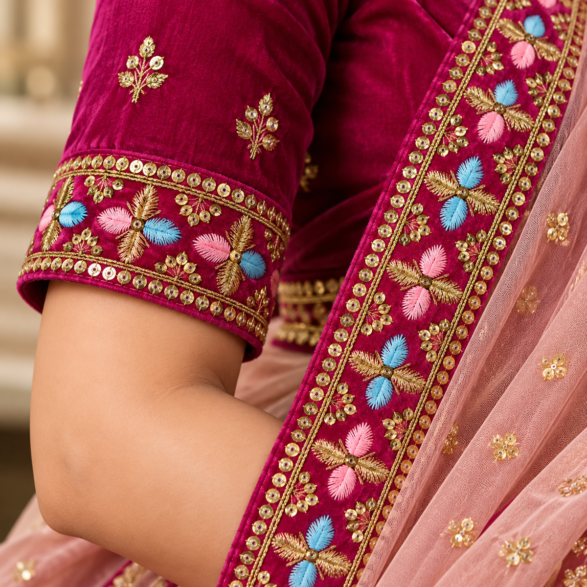 Premium Rani Pink Velvet Floral Embroidered Lace Border with Golden Zari & Sequin Work for Saree, Blouse, Dupatta, Lehenga & Kurti – 9 Meter
