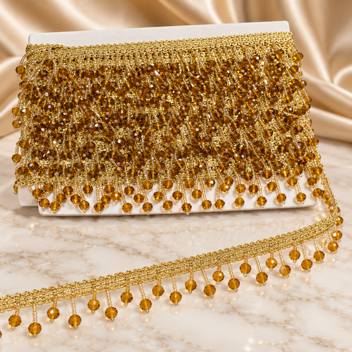 Premium Amber Golden Crystal Beaded Fringe Lace Border – 9 Meter | Designer Hanging Moti Lace for Saree, Dupatta, Blouse & Lehenga