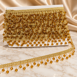 Premium Amber Golden Crystal Beaded Fringe Lace Border – 9 Meter | Designer Hanging Moti Lace for Saree, Dupatta, Blouse & Lehenga