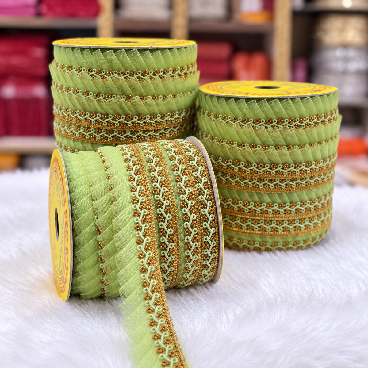 Pista Green & Gold Pleated Frill Lace Border for Saree, Blouse & Dupatta – Pack of 3 Rolls