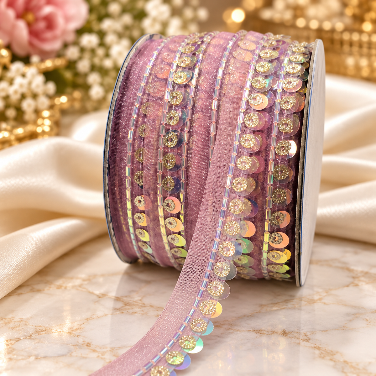 Light Pink Sequin & Bead Work Decorative Lace Border for Saree, Blouse & Dupatta – Pack of 3 Rolls, 9 Meters Each