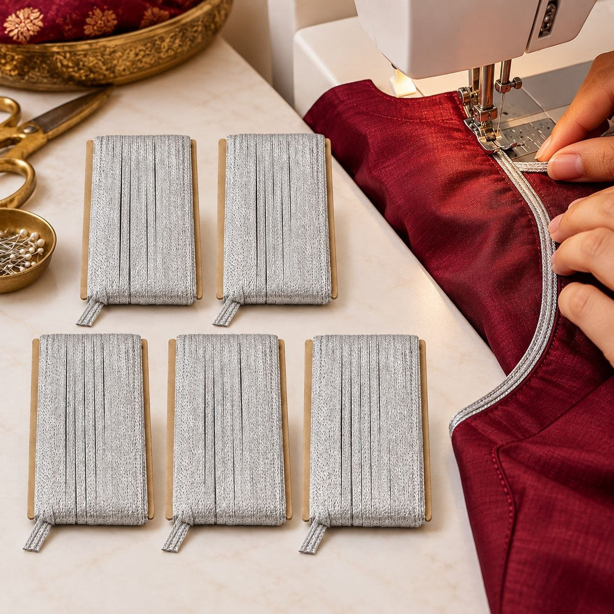 Silver Blouse Piping Dori Pack of 5 | Decorative Piping Cord for Blouse, Saree & Dress Stitching
