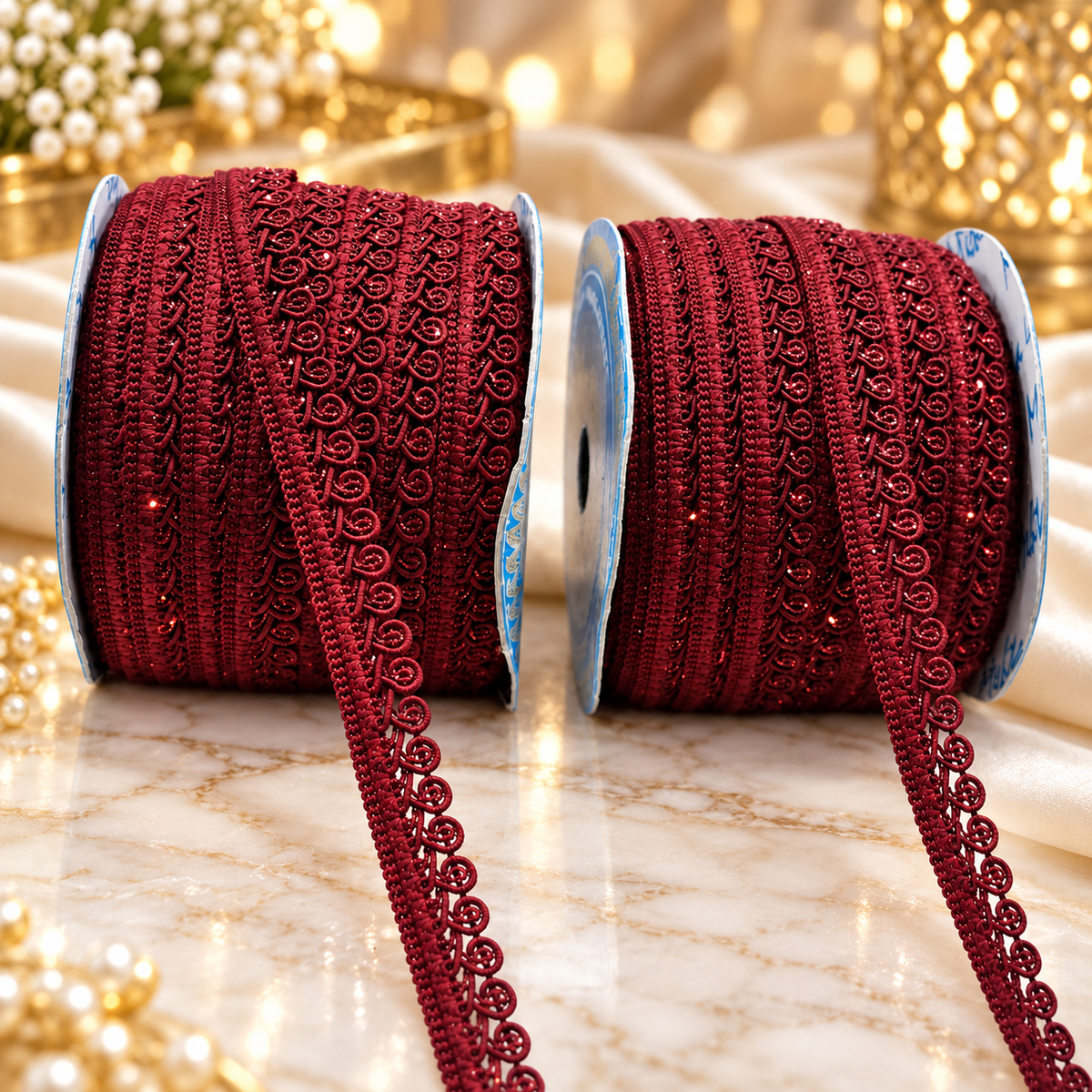 Maroon Designer Loop Lace Border 18 Meter | Decorative Embroidered Lace Trim for Saree, Blouse, Dupatta, Lehenga & Kurti | Pack of 2 Rolls