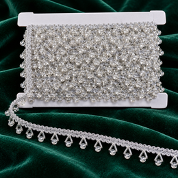 Premium Silver Crystal Round Bead Hanging Lace Border  9 Meter Designer Beaded Fringe Lace Trim