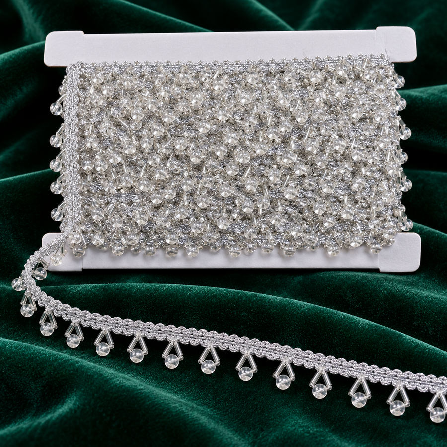 Premium Silver Crystal Round Bead Hanging Lace Border  9 Meter Designer Beaded Fringe Lace Trim