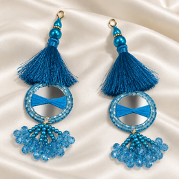 Turquoise Blue Mirror Latkan with Thread Tassels & Hanging Beads for Blouse and Lehenga – 6 Pairs (12 Pieces)