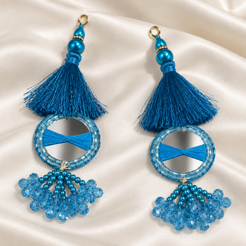Turquoise Blue Mirror Latkan with Thread Tassels & Hanging Beads for Blouse and Lehenga – 6 Pairs (12 Pieces)