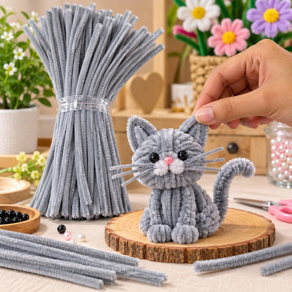 Grey Pipe Cleaner Craft Sticks for DIY Flowers, Figures, Art & Craft – 100 Pieces (1 Packet)