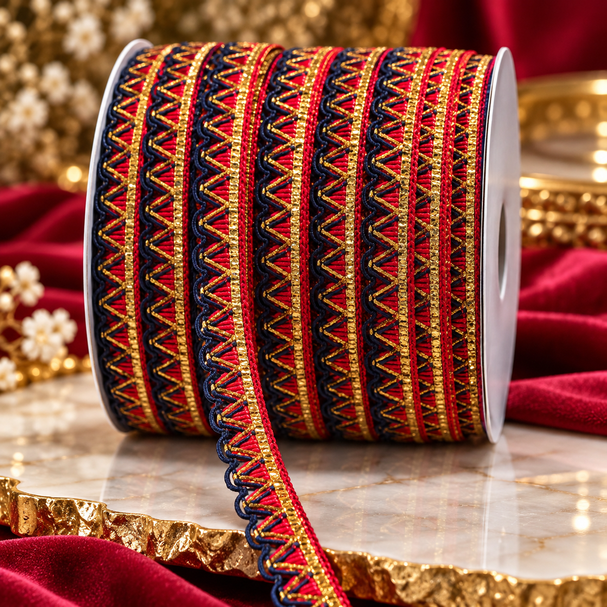 Red Navy Blue Golden Designer Zigzag Lace Border for Saree, Blouse, Dupatta & Lehenga | Decorative Ethnic Lace Trim | Pack of 3 Rolls – 18 Meter