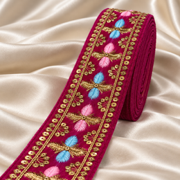 Premium Rani Pink Velvet Floral Embroidered Lace Border with Golden Zari & Sequin Work for Saree, Blouse, Dupatta, Lehenga & Kurti – 9 Meter