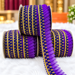 Violet Purple Frill Lace Border with Royal Blue & Gold Detailing for Saree, Blouse & Dupatta – Pack of 3 Rolls