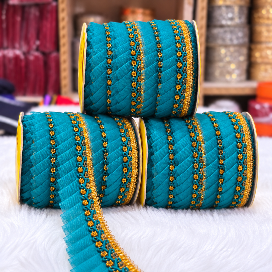 Turquoise Blue & Gold Pleated Frill Lace Border for Saree, Blouse & Dupatta – Pack of 3 Rolls