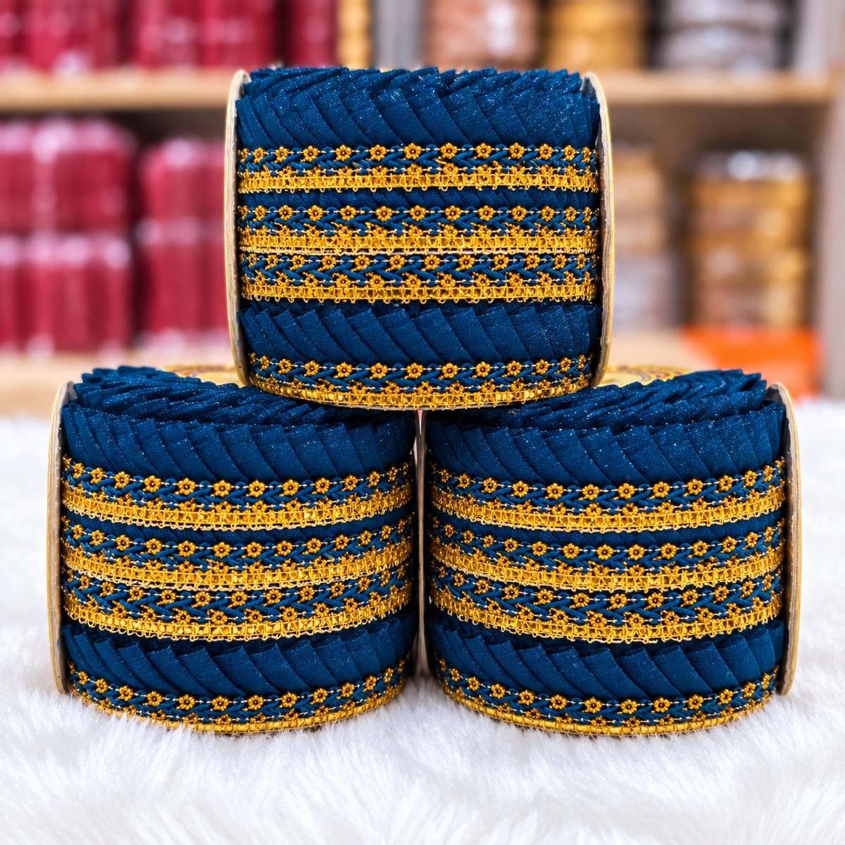 Peacock Blue & Gold Pleated Frill Lace Border for Saree, Blouse & Dupatta – Pack of 3 Rolls